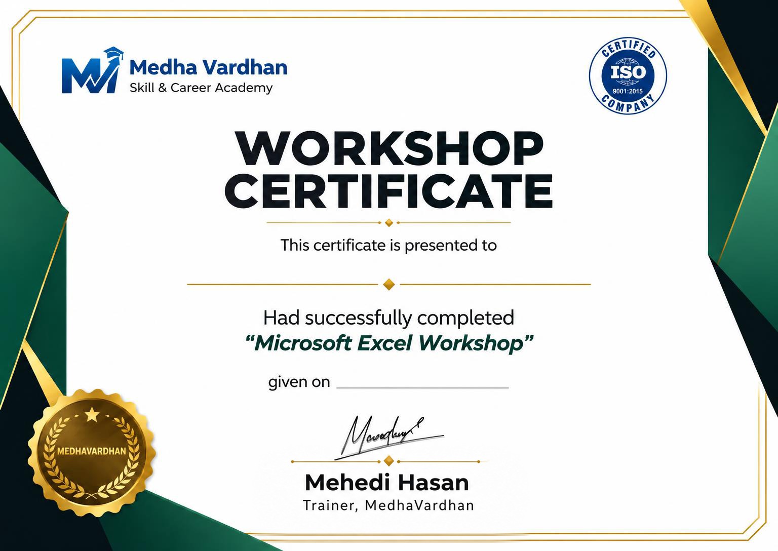 MedhaVardhan Workshop Certificate signed by Mehedi Hasan